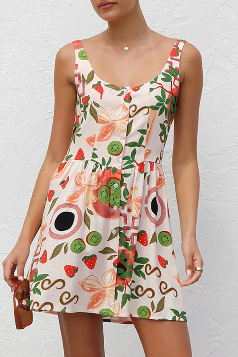 Floral Print Buttons Contrast U Neck Sling Dresses