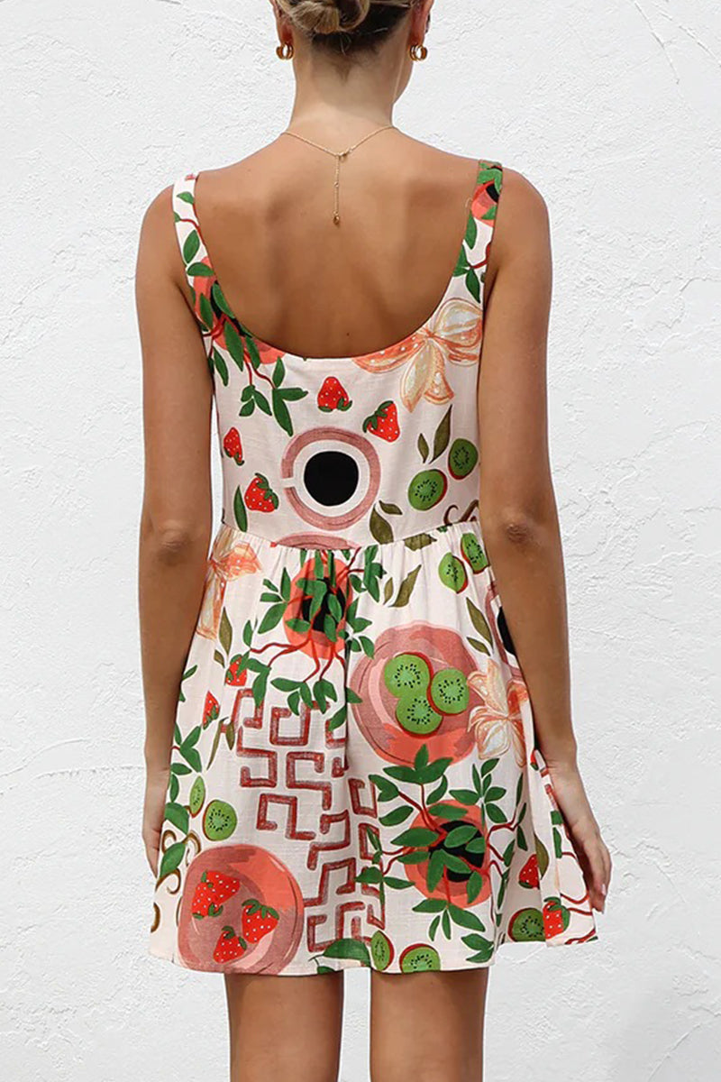 Floral Print Buttons Contrast U Neck Sling Dresses