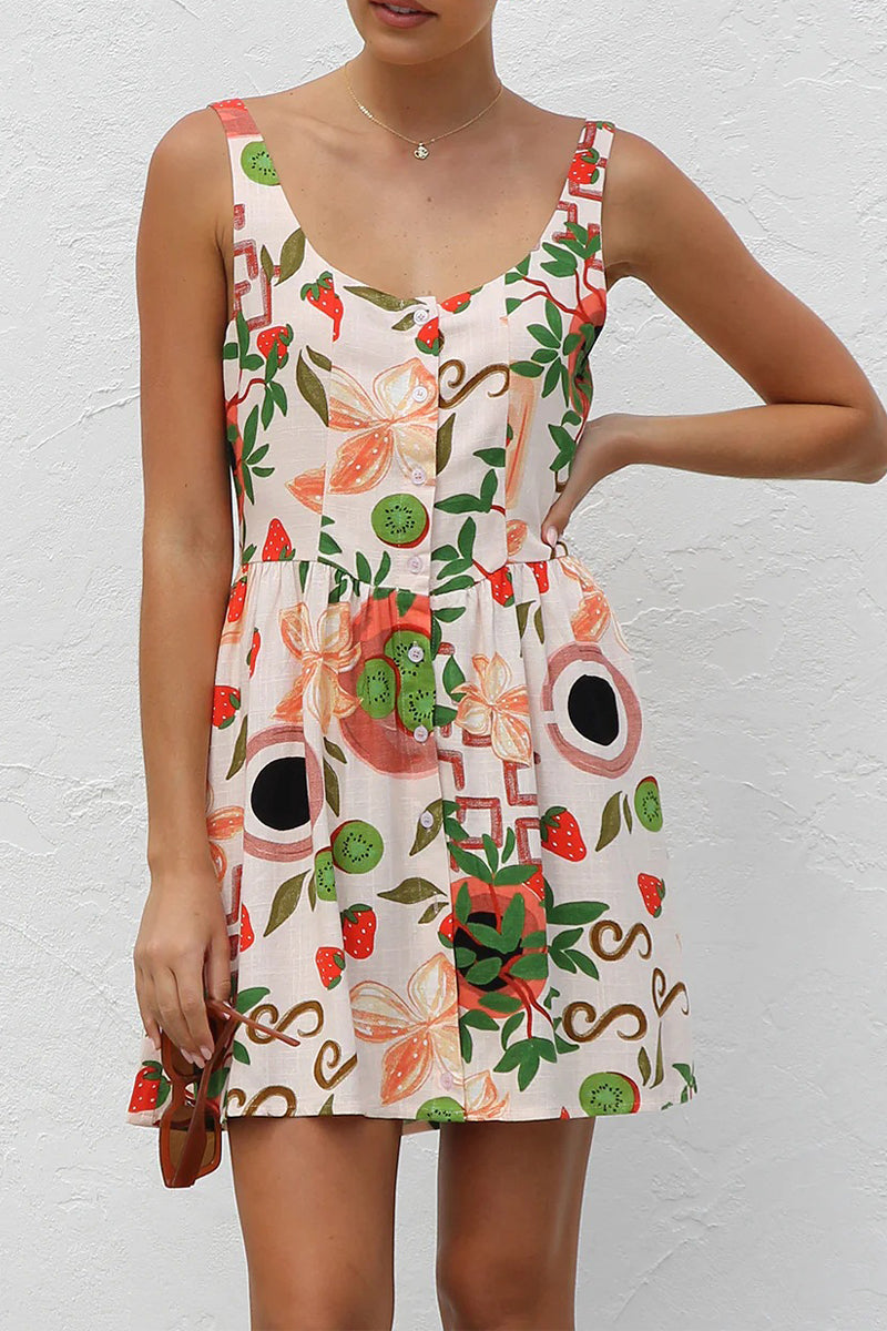 Floral Print Buttons Contrast U Neck Sling Dresses