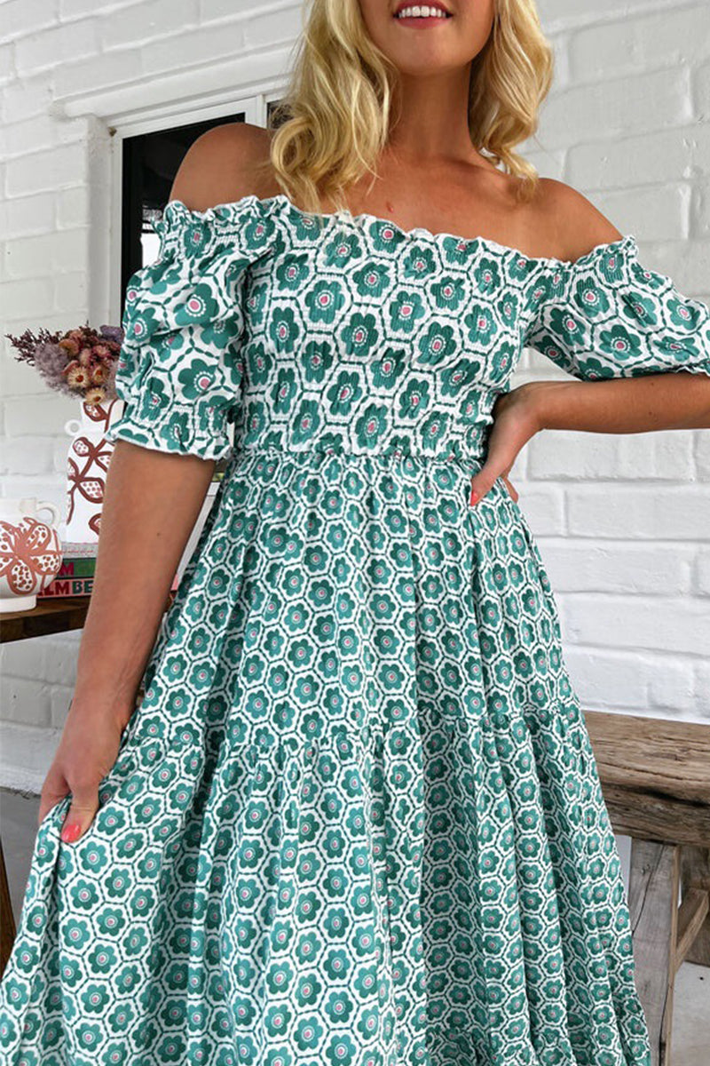 Geometric Print Contrast Off Shoulder Short Sleeve Short Sleeve Dress