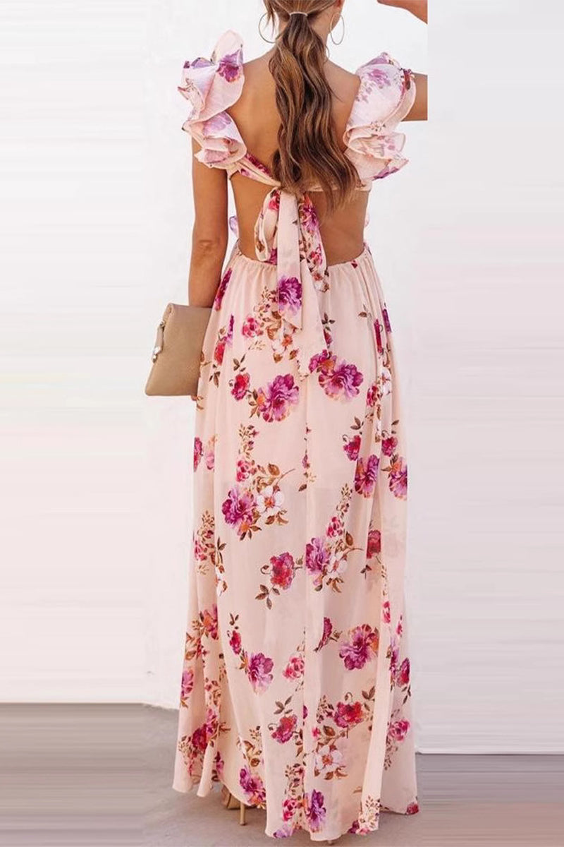 Floral Print Lace Up Chains Ruffle V Neck Long Dresses