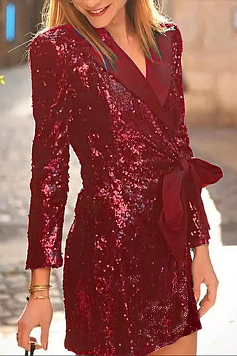 Sequins Lace Up Turn-back Collar Suit Dresses