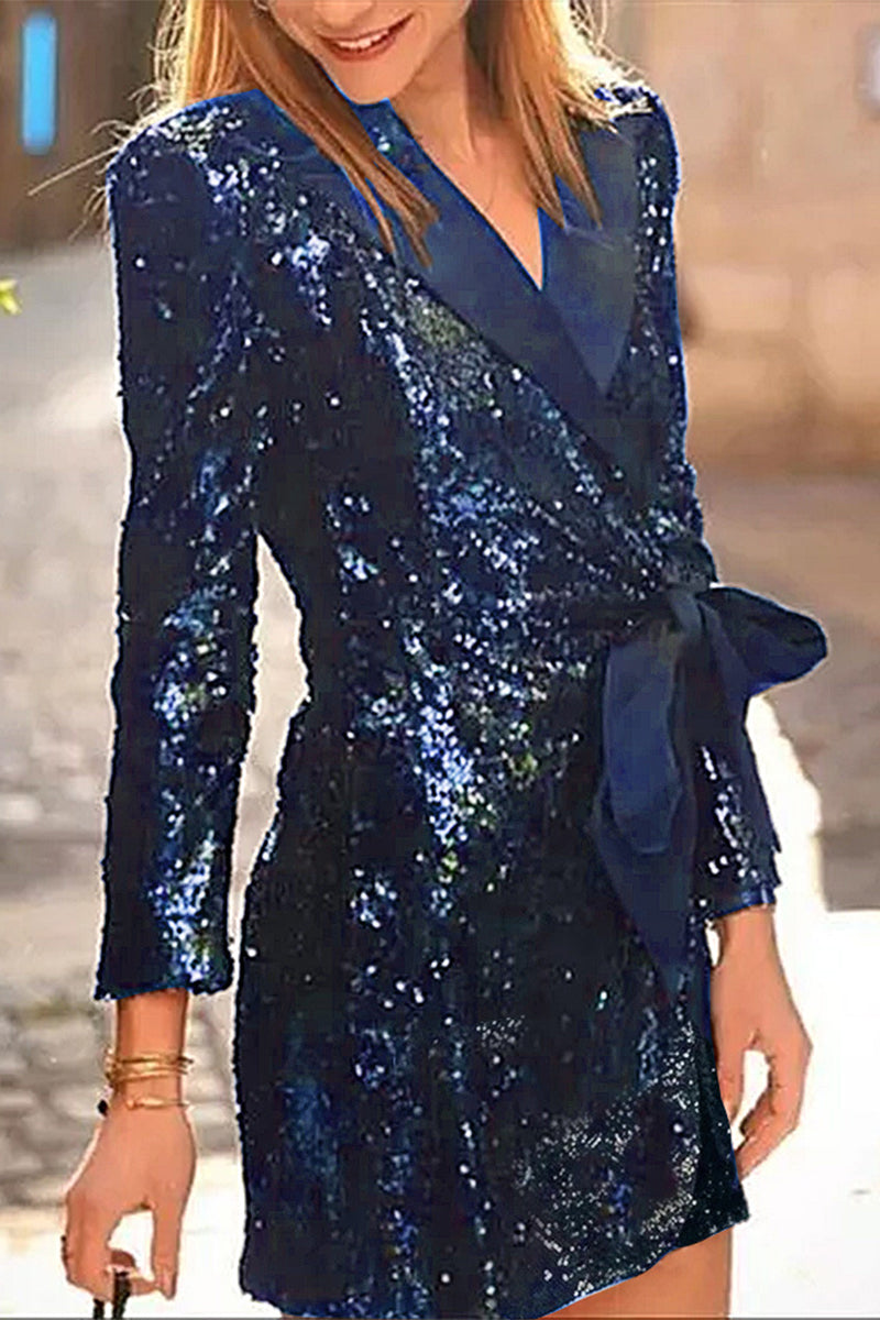 Sequins Lace Up Turn-back Collar Suit Dresses