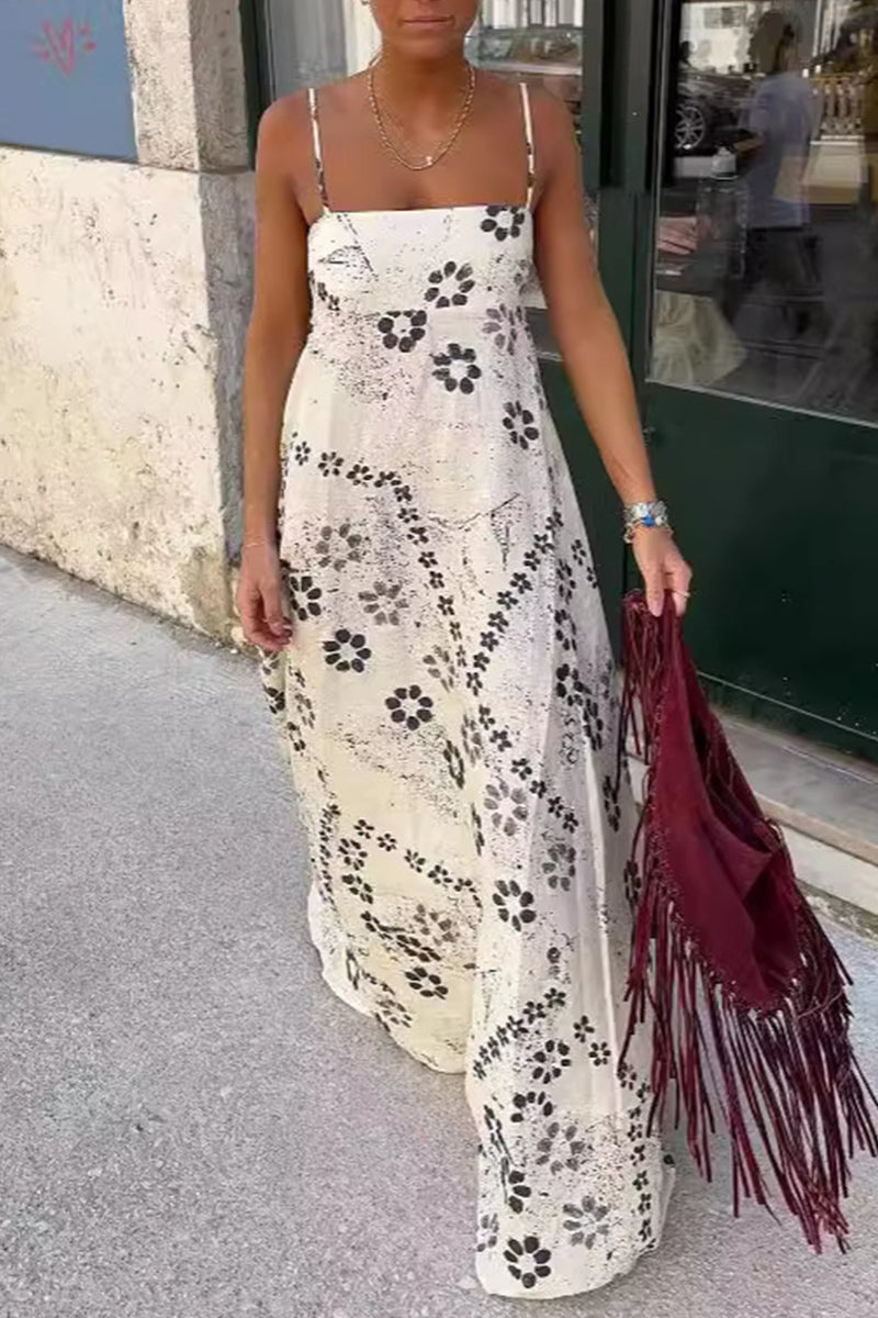 Graffiti Print Contrast Square Neck Long Dresses