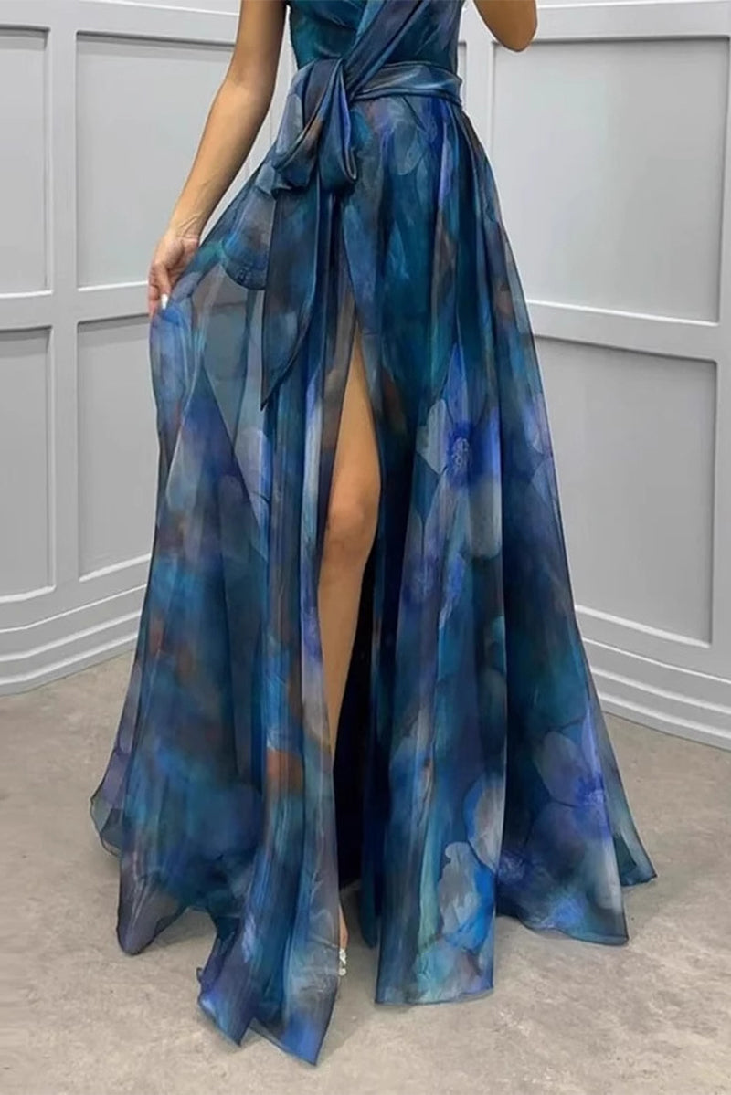 Lace Up Slit Contrast Strapless Evening Dresses