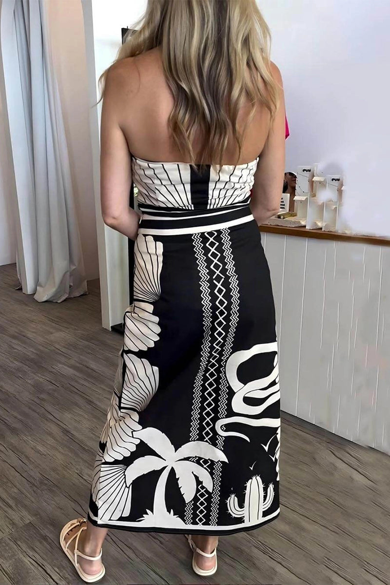 Irregular Contrast Strapless Printed Dresses