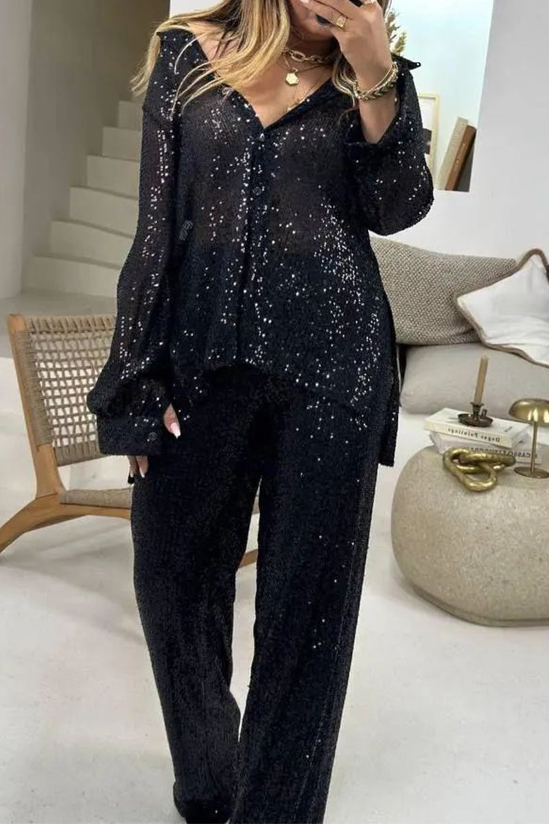 Sequined Turndown Collar Long Sleeve Two Pieces