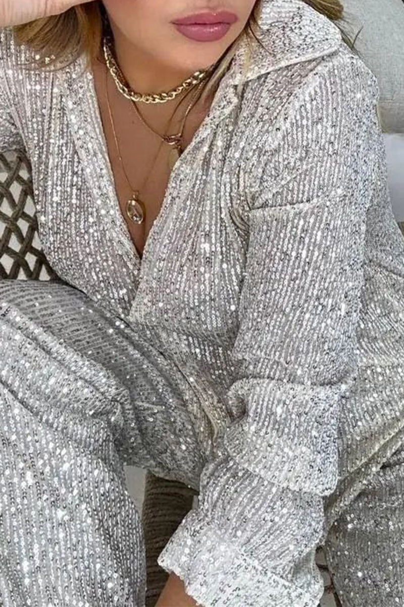 Sequined Turndown Collar Long Sleeve Two Pieces