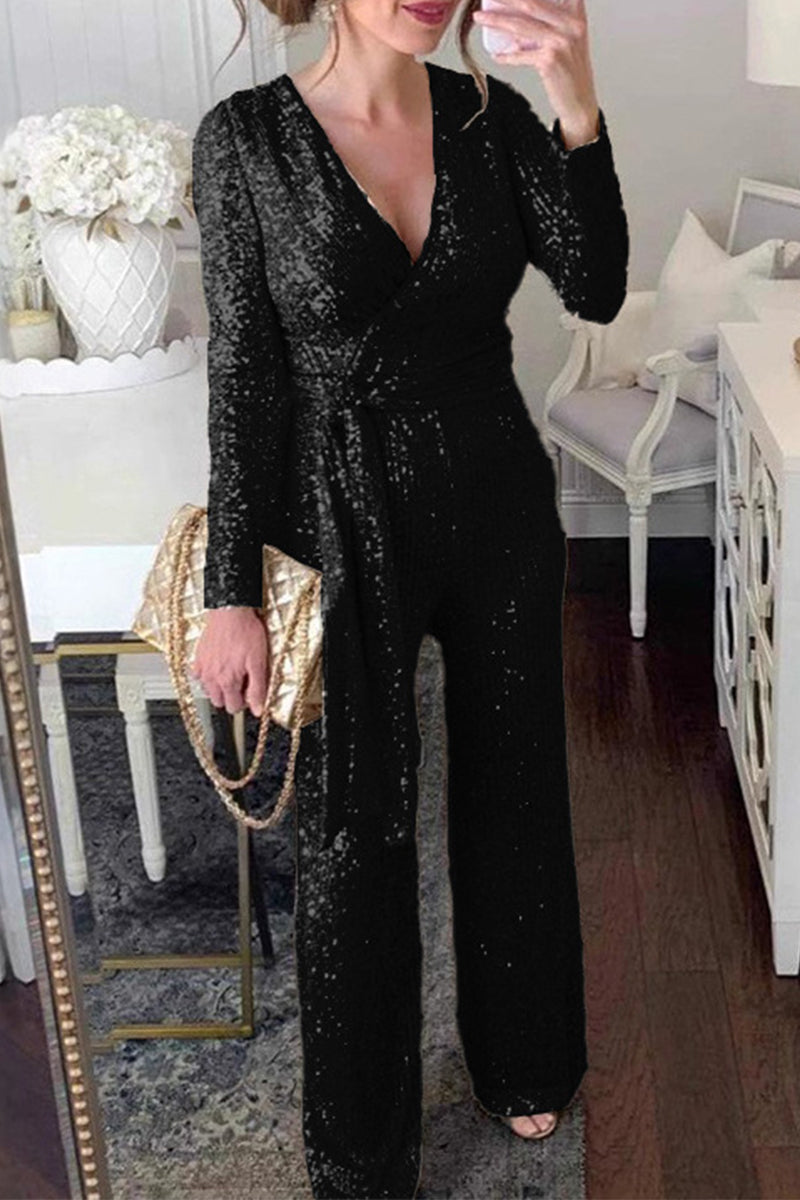 Sequins Lace Up Sequined V Neck Regular Jumpsuits