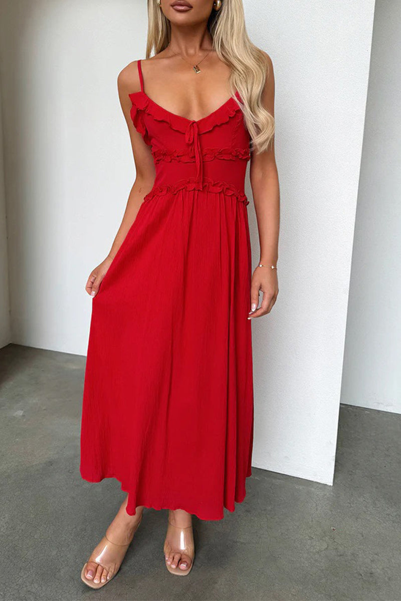 Sexy Lace Up Ruffle V Neck Sling Dresses