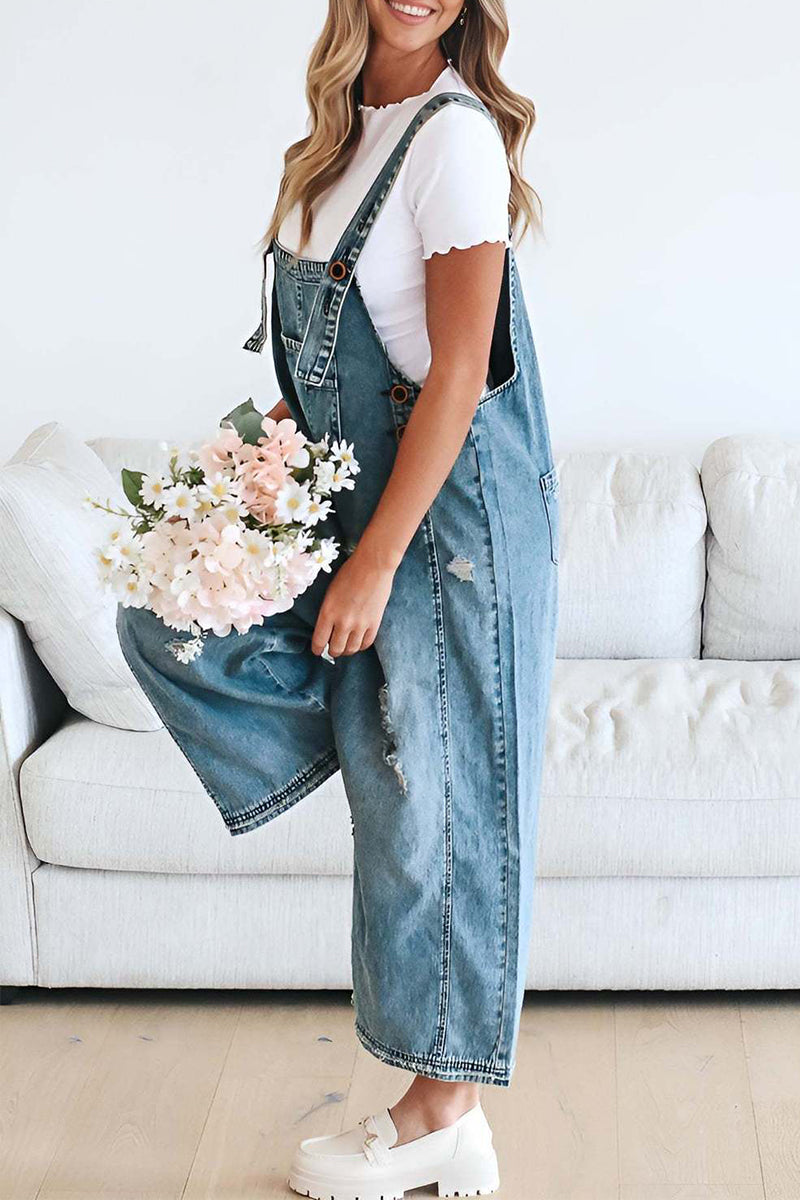 Distressed Buttons Square Neck Sleeveless Loose Denim Jumpsuits