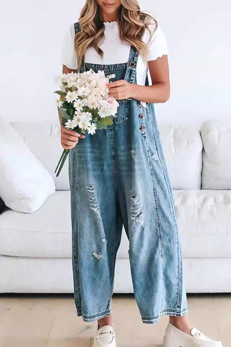 Distressed Buttons Square Neck Sleeveless Loose Denim Jumpsuits