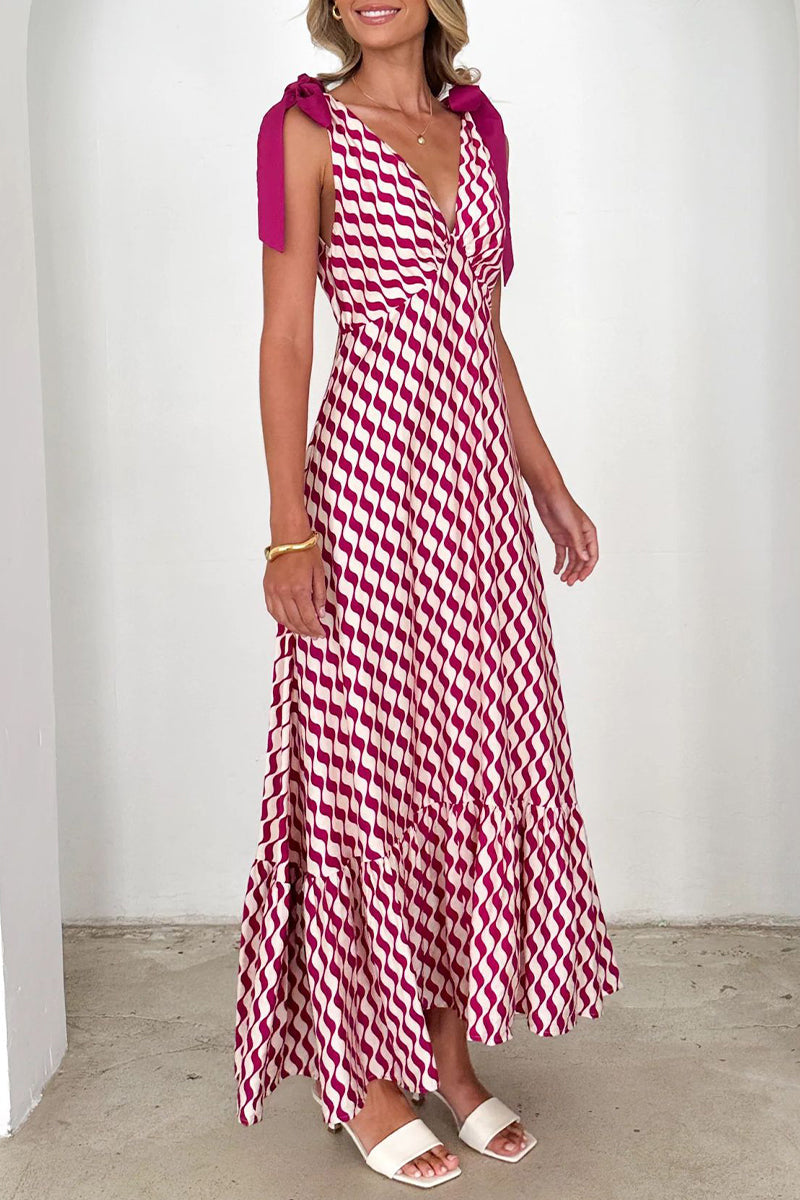 Casual Striped Print Lace Up Contrast V Neck Long Dresses