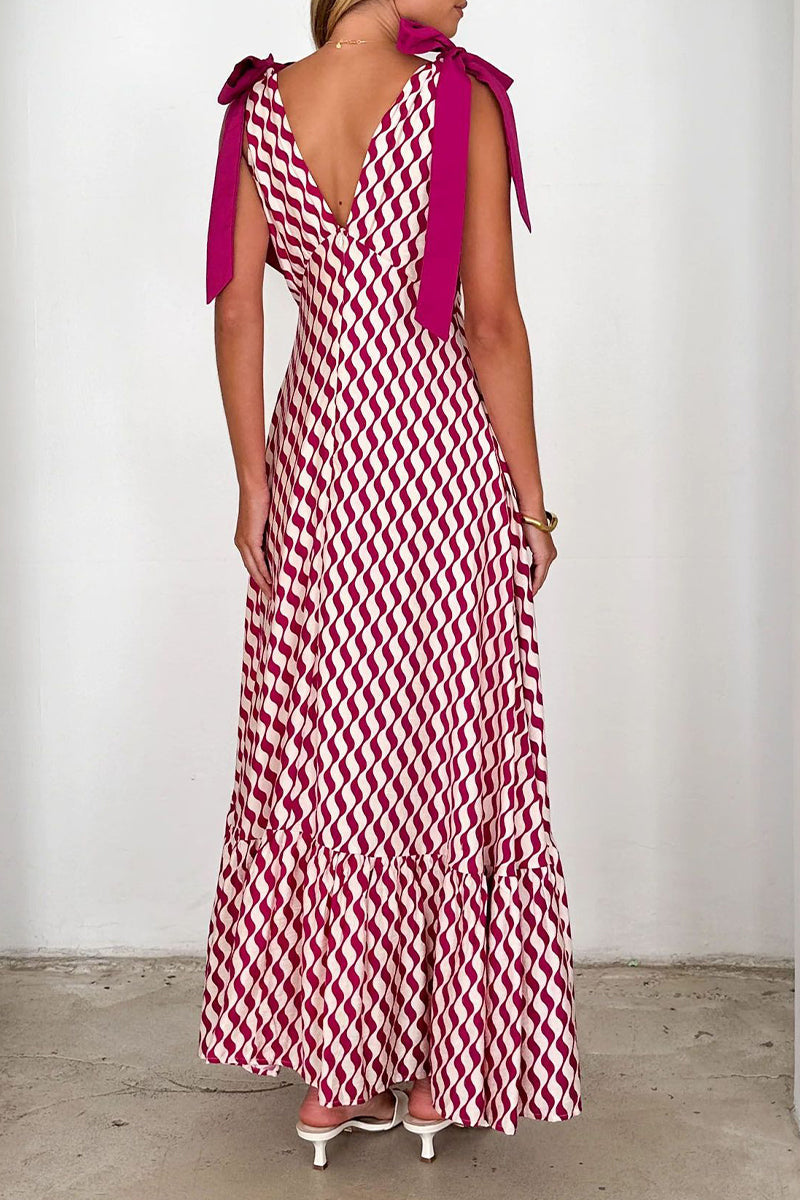 Casual Striped Print Lace Up Contrast V Neck Long Dresses