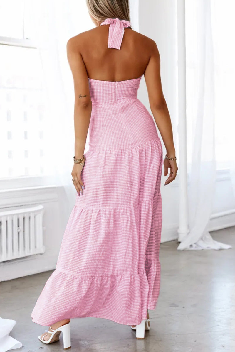 Casual Jacquard Lace Up Halter Long Dresses