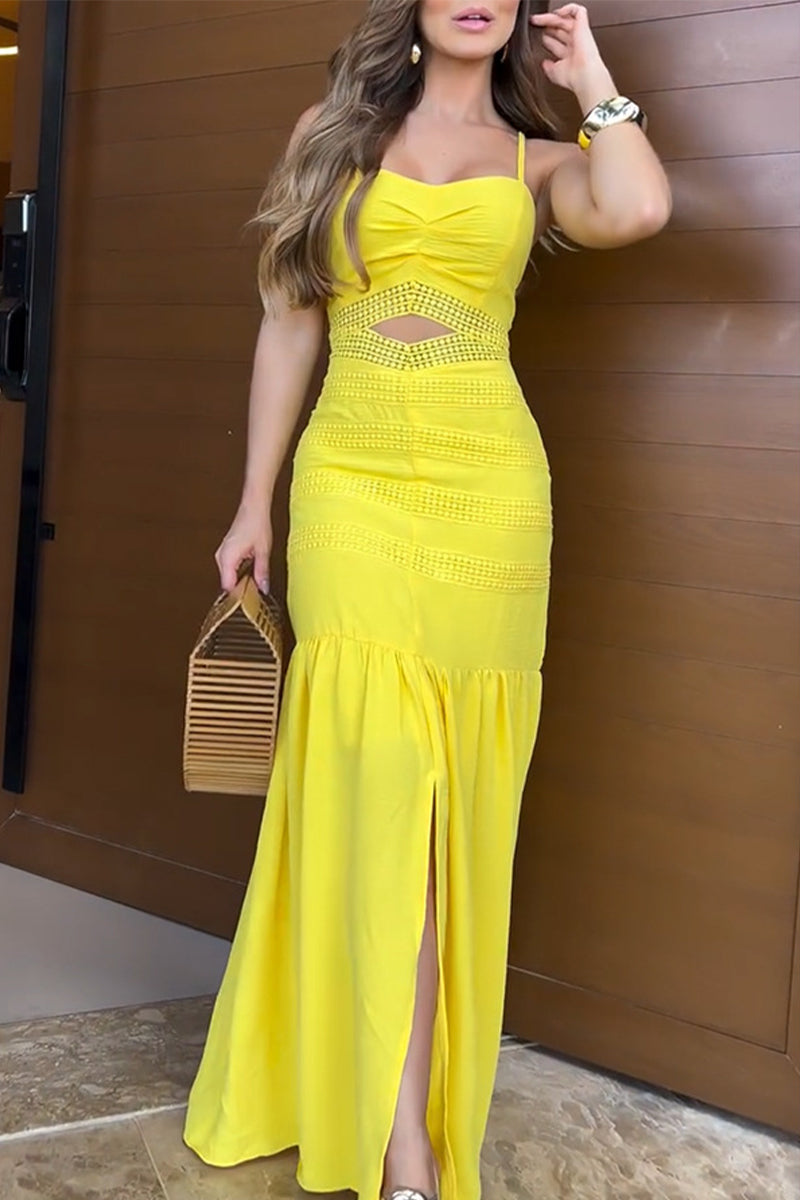 Casual Solid Color Hollow Out Slit Flounce Long Dresses