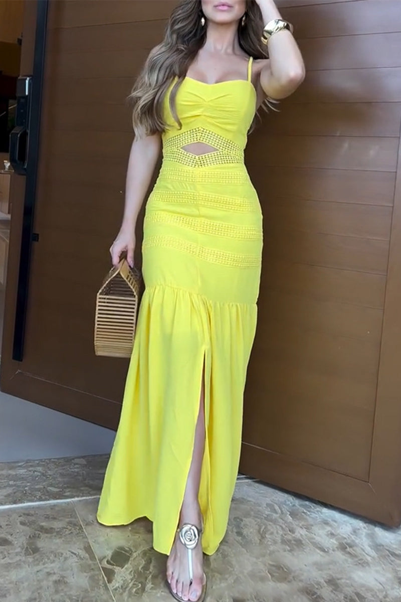 Casual Solid Color Hollow Out Slit Flounce Long Dresses