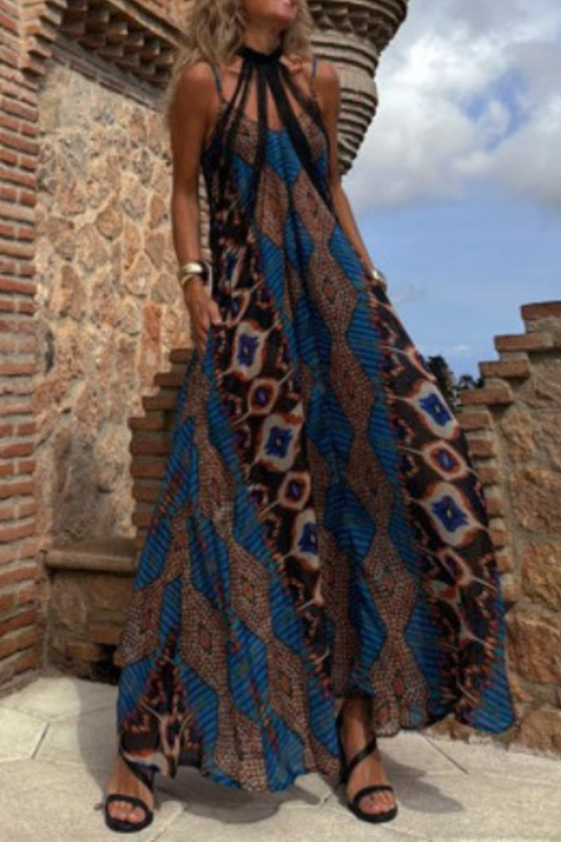 Casual Geometric Print Pocket Contrast V Neck Long Dresses