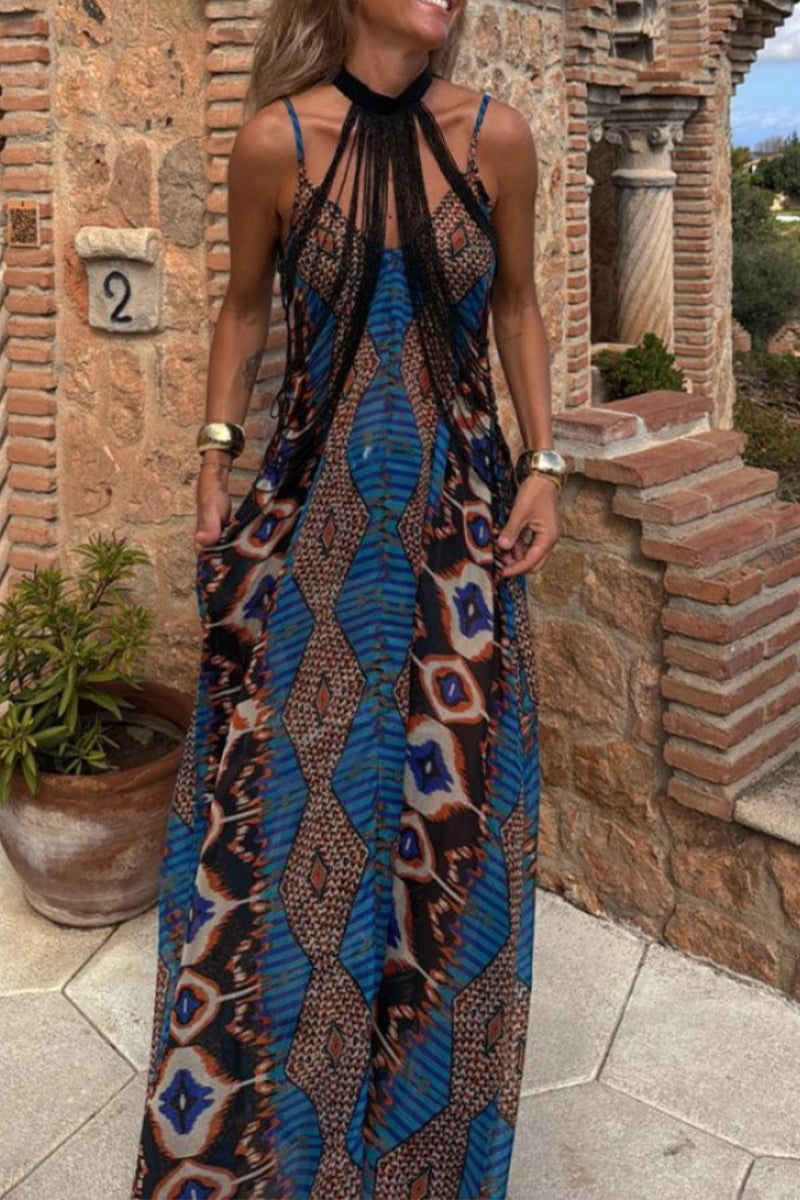 Casual Geometric Print Pocket Contrast V Neck Long Dresses