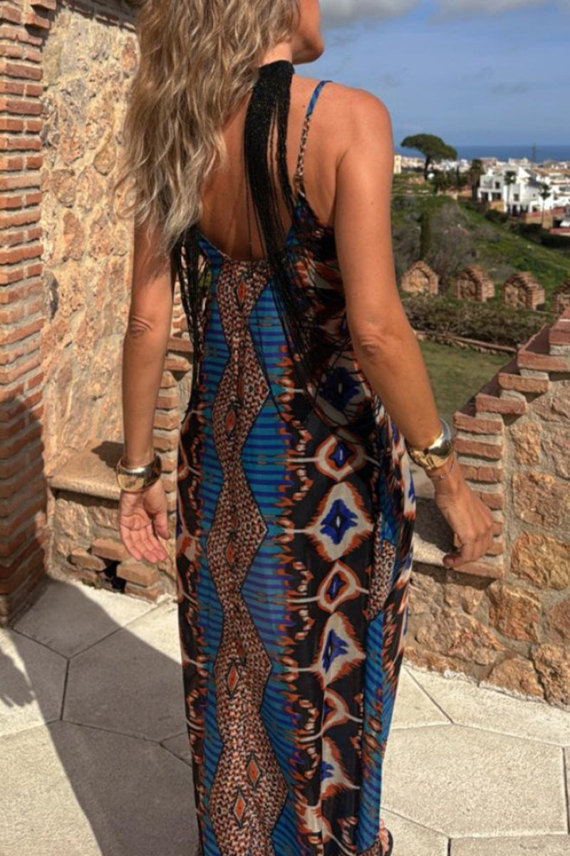 Casual Geometric Print Pocket Contrast V Neck Long Dresses