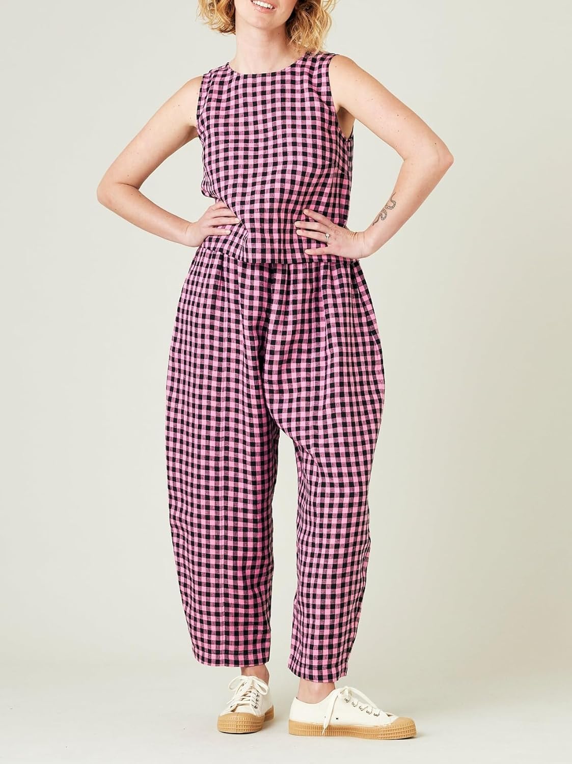 Women's Gingham Sleeveless Tank Top & Barrel Pants Set