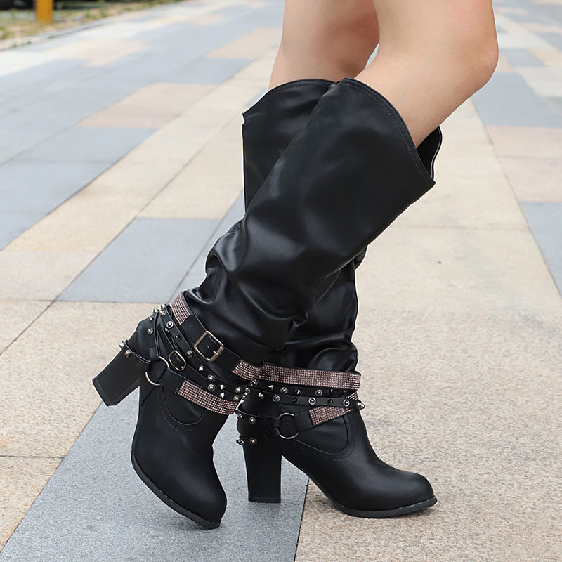 Women’s Knee High Slouch Boots Rhinestone Buckle Strap Wide Calf Boots