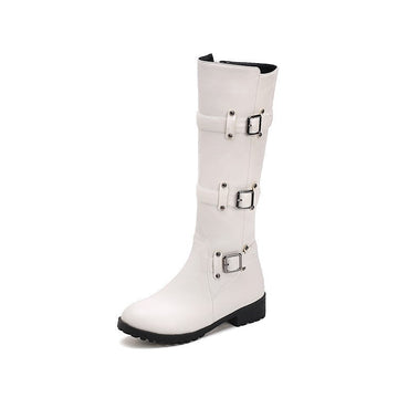 Women Buckle Straps Side Zipper Chunky Heel Knee High Motorcycle Boots