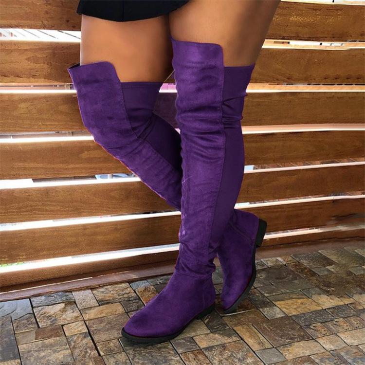 Women Winter Faux Suede Patchwork Knee High Low Heel Boots