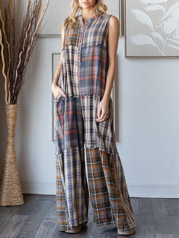 Extra Wide Leg Plaid Button Jumpsuit