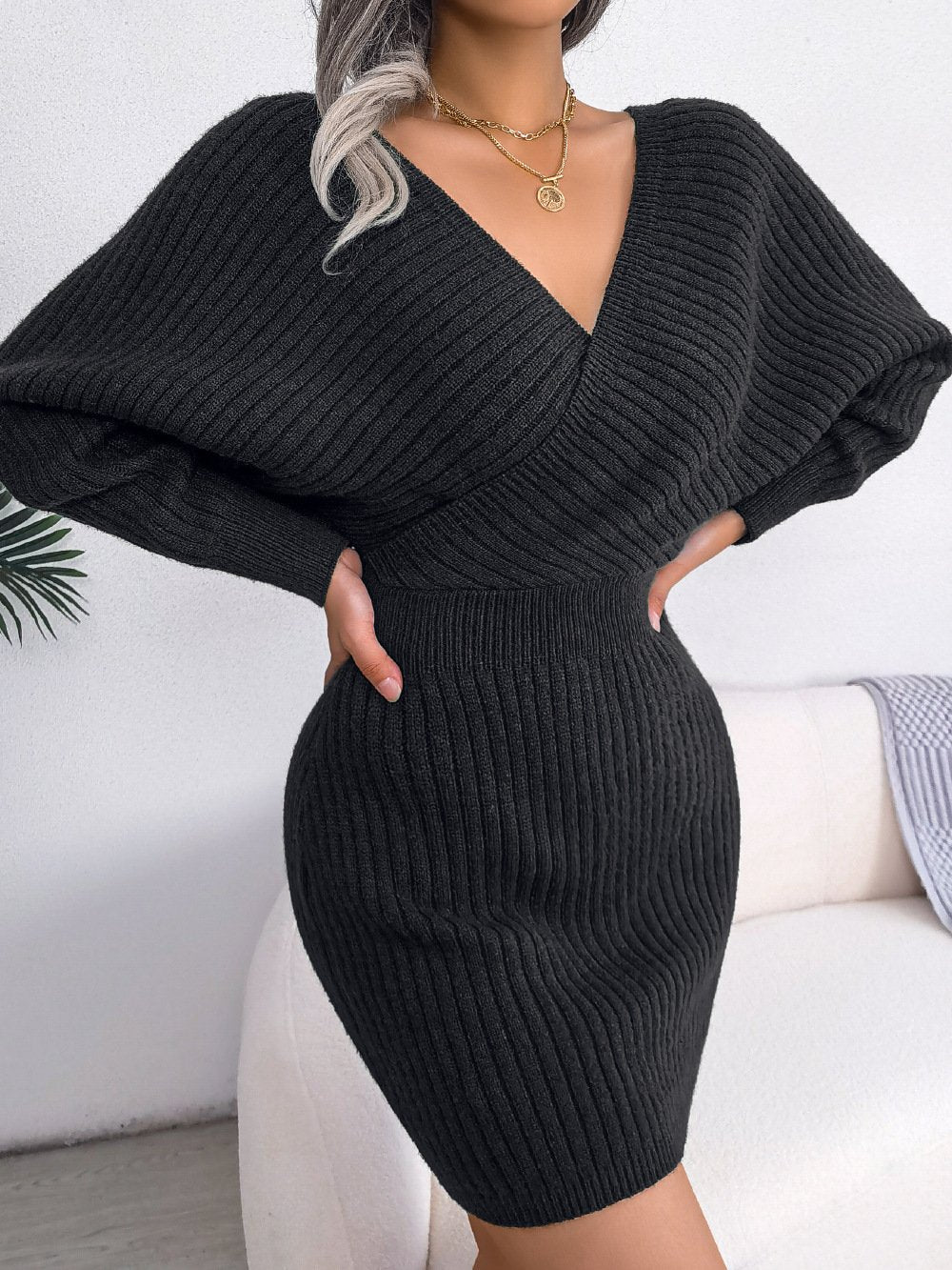 Women's Bodycon Knit Sweater Dress Sexy Wrap V Neck Bag Hip Dress