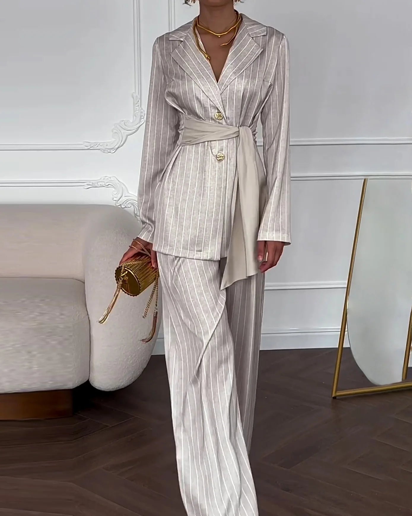 Striped printed double-breasted suit and wide-leg trousers suit