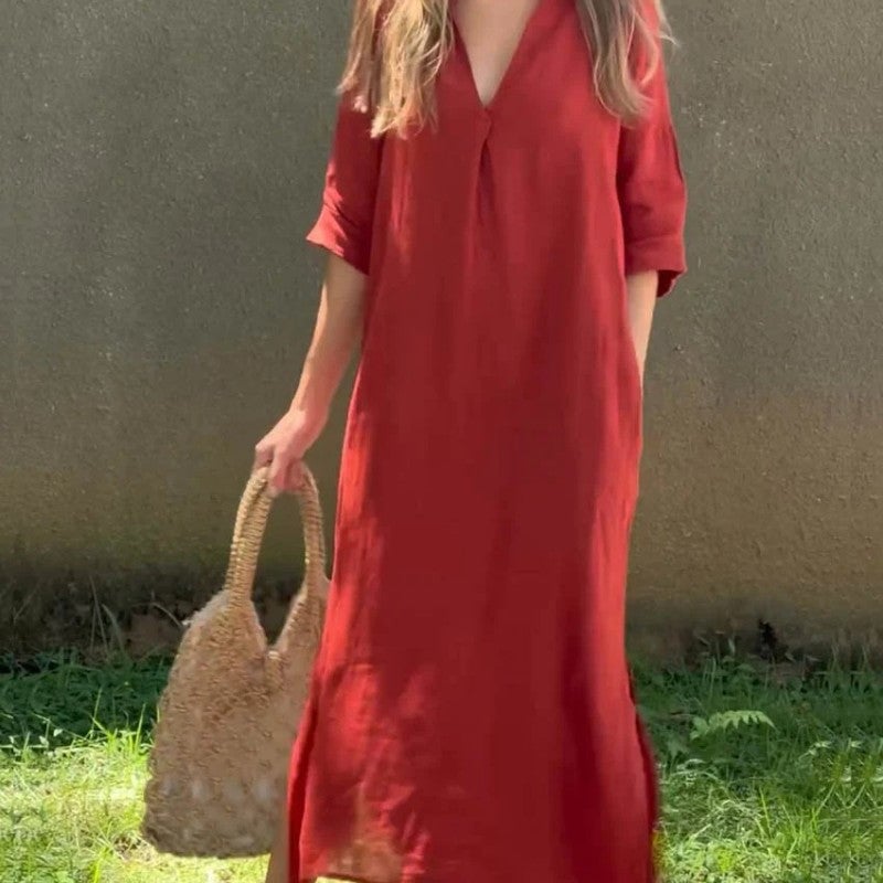 Linen Casual Style V-Neck Dress