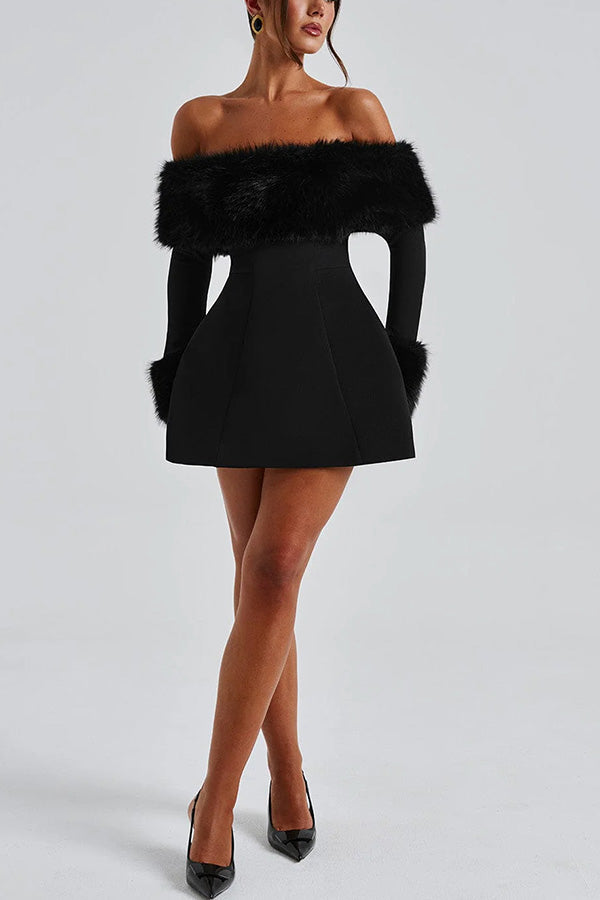 Faux Fur Trim Off Shoulder Bubble Shaped Mini Dress