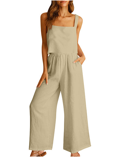 Women's Square Neck Linen Tank Crop Top Wide Leg Pants