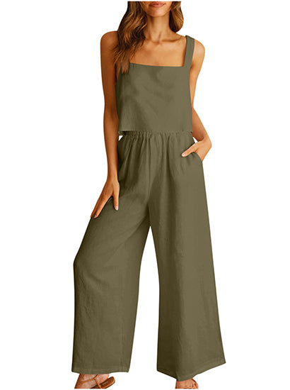 Women's Square Neck Linen Tank Crop Top Wide Leg Pants