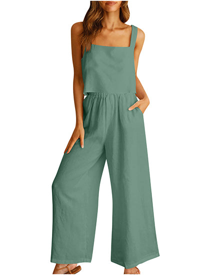 Women's Square Neck Linen Tank Crop Top Wide Leg Pants