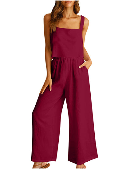 Women's Square Neck Linen Tank Crop Top Wide Leg Pants