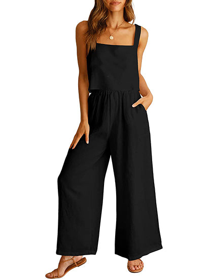 Women's Square Neck Linen Tank Crop Top Wide Leg Pants