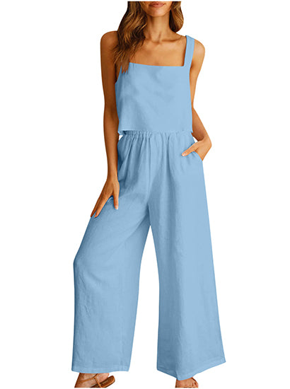 Women's Square Neck Linen Tank Crop Top Wide Leg Pants