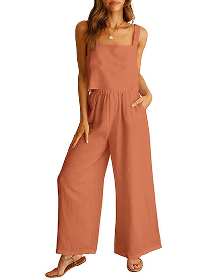 Women's Square Neck Linen Tank Crop Top Wide Leg Pants