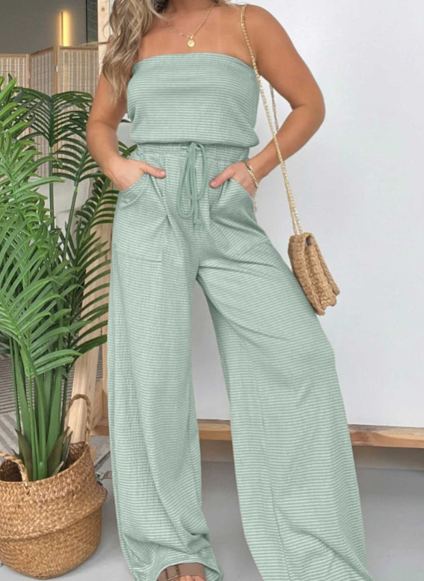 Strapless Wide Leg Striped Jumpsuit