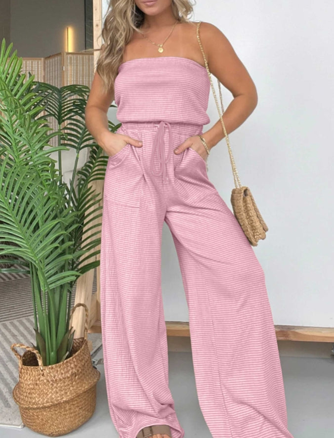 Strapless Wide Leg Striped Jumpsuit