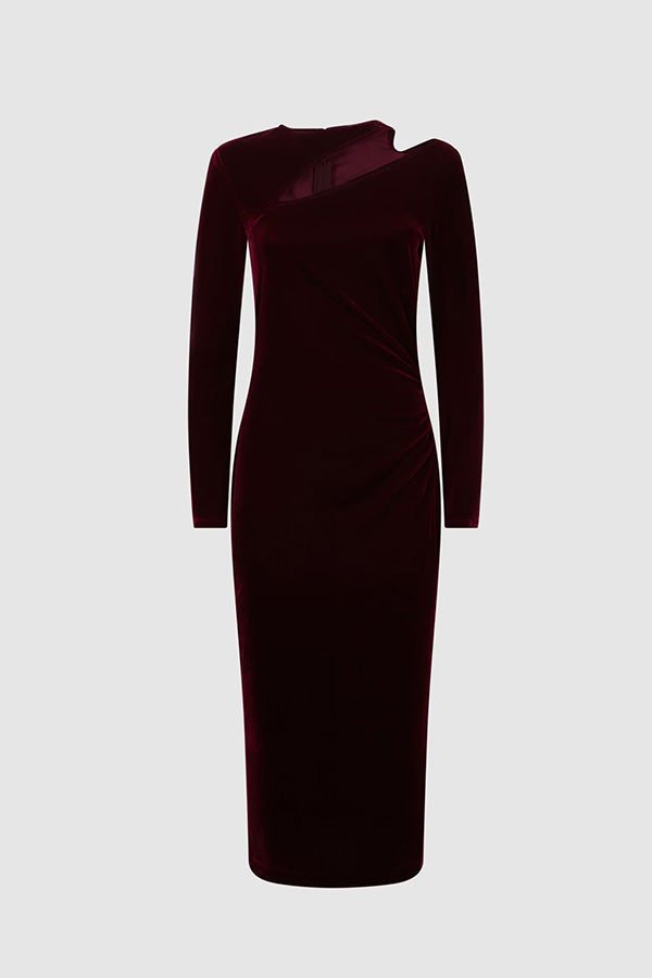 Perfect Party Velvet Cut Out Detail Long Sleeve Ruched Stretch Midi Dress