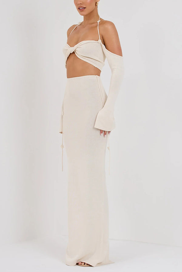 Long Sleeve Top and Back Slit Knitted Cover-up Maxi Skirt Set