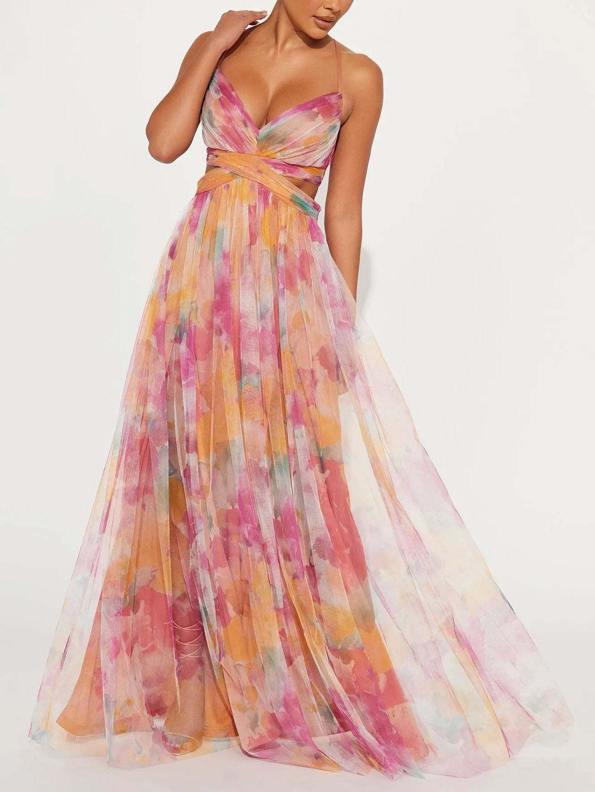 Elegant Painted Floral Print V-Neck A-Line Maxi Dress