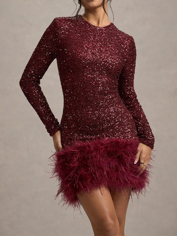 Sexy Solid Color Sequined Feather Dress