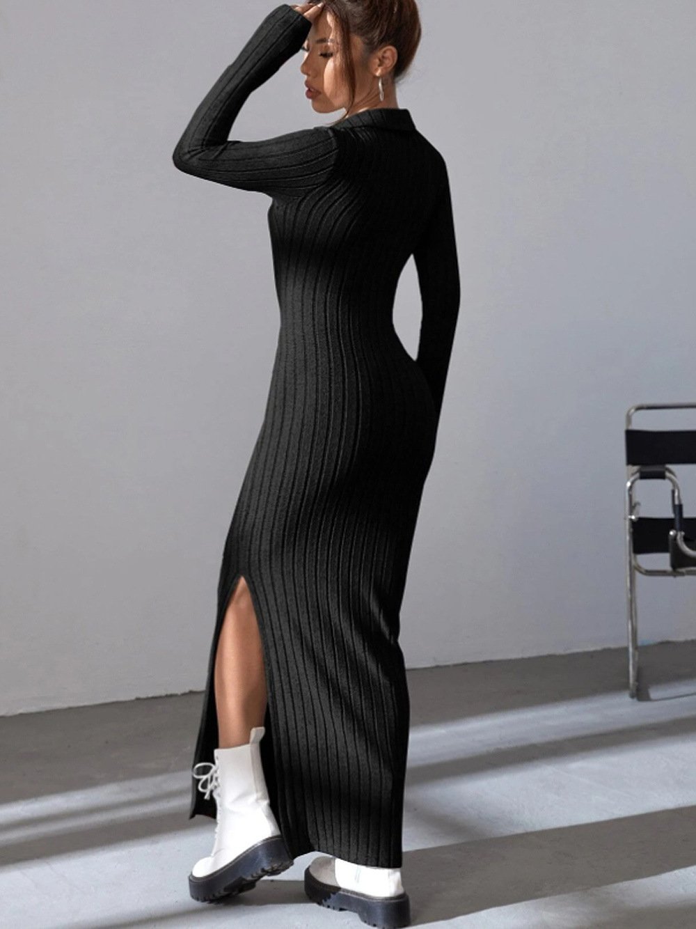 Knitted Fitted Lapel Long Sleeve Ribbed Dress