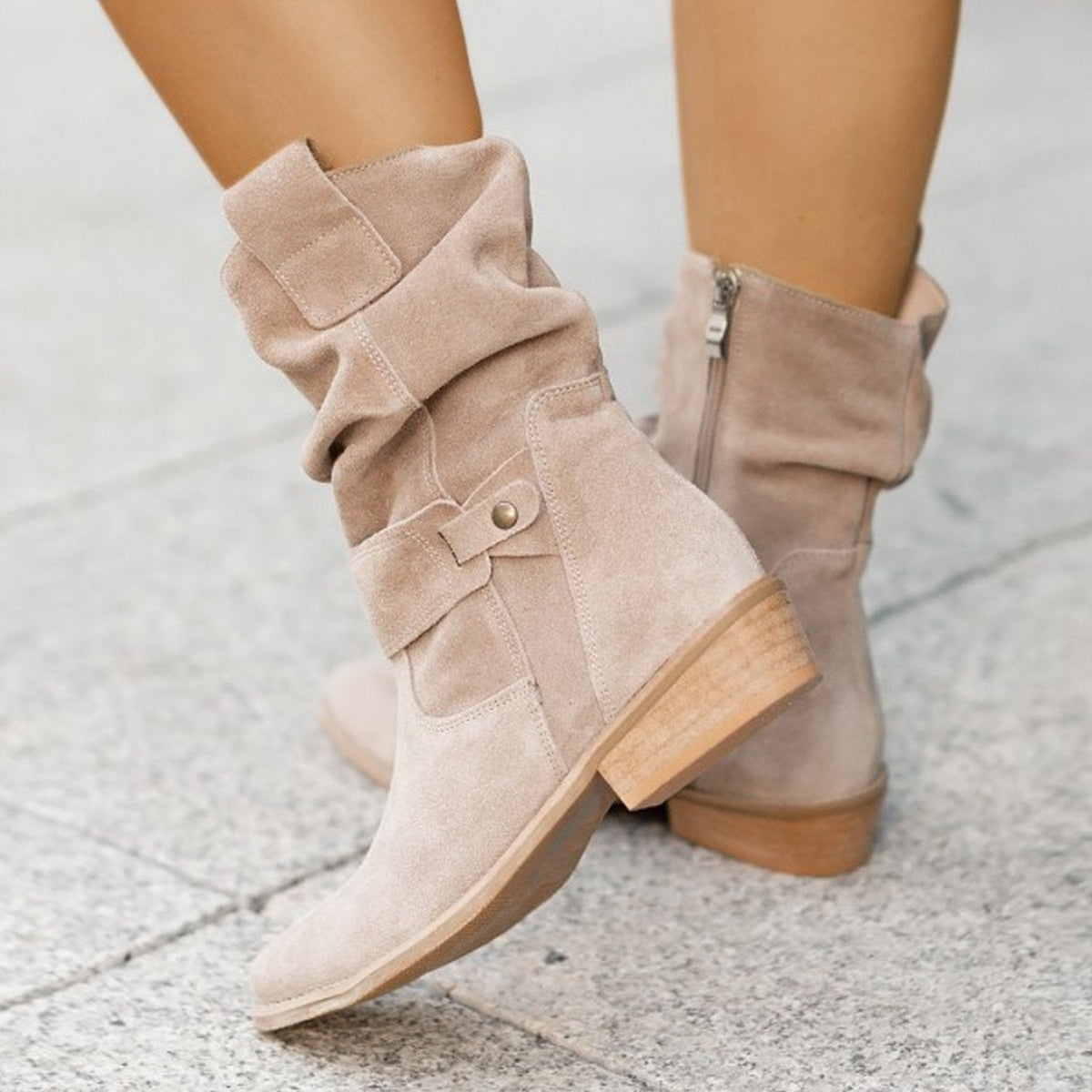 Faux Suede Low Heel Mid Calf Slouch Boots