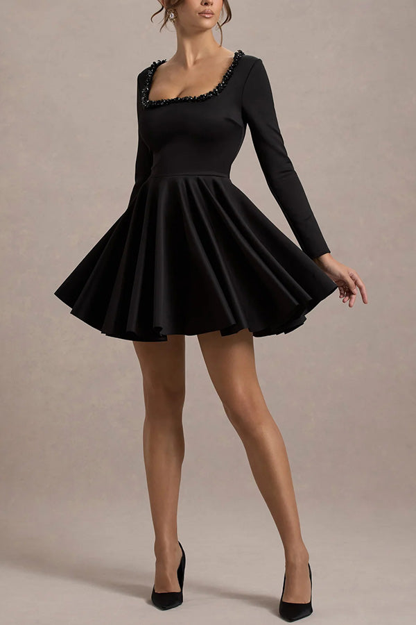 Pearl Embellished Trim Long Sleeve Pleated Mini Dress