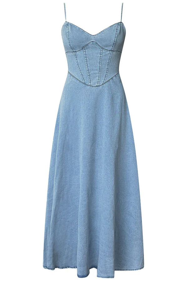 Sleeveless Suspender Pleated Back Faux Denim Midi Dress